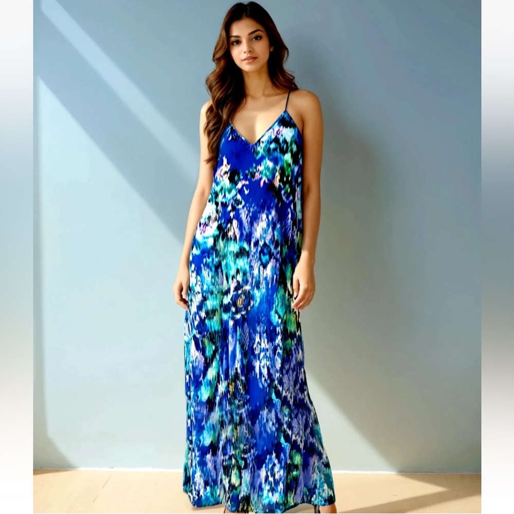 NWT 💙 Nicole Miller Blue Watercolor Maxi-Dress, Side Pockets, Built-In Bra, L